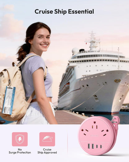 Pink Travel Power Strip, Travel Essentials, Cruise Essentials 3 Outlets 4 USB Ports(2 USB C), 4FT Wrapped Around Extension Cord for Travel Cruise Ship Beach Vacation Essentials