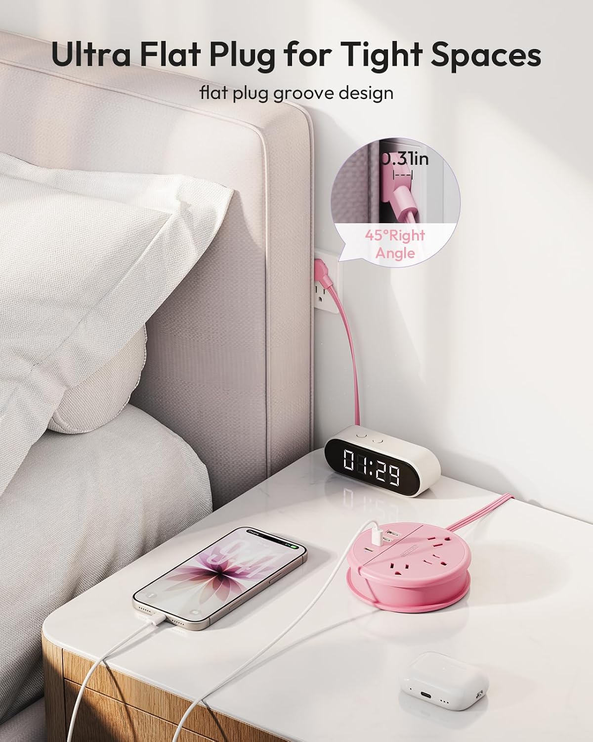 Pink Travel Power Strip, Travel Essentials, Cruise Essentials 3 Outlets 4 USB Ports(2 USB C), 4FT Wrapped Around Extension Cord for Travel Cruise Ship Beach Vacation Essentials