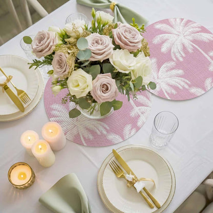 Round Placemats Set of 8 Tropical Palm Trees Place Mats Washable Woven Placemat Peach Pink Linen Coastal Circle Braided Table Mat for Kitchen Dining Table Party Home Decor 15 Inch