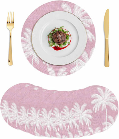 Round Placemats Set of 8 Tropical Palm Trees Place Mats Washable Woven Placemat Peach Pink Linen Coastal Circle Braided Table Mat for Kitchen Dining Table Party Home Decor 15 Inch