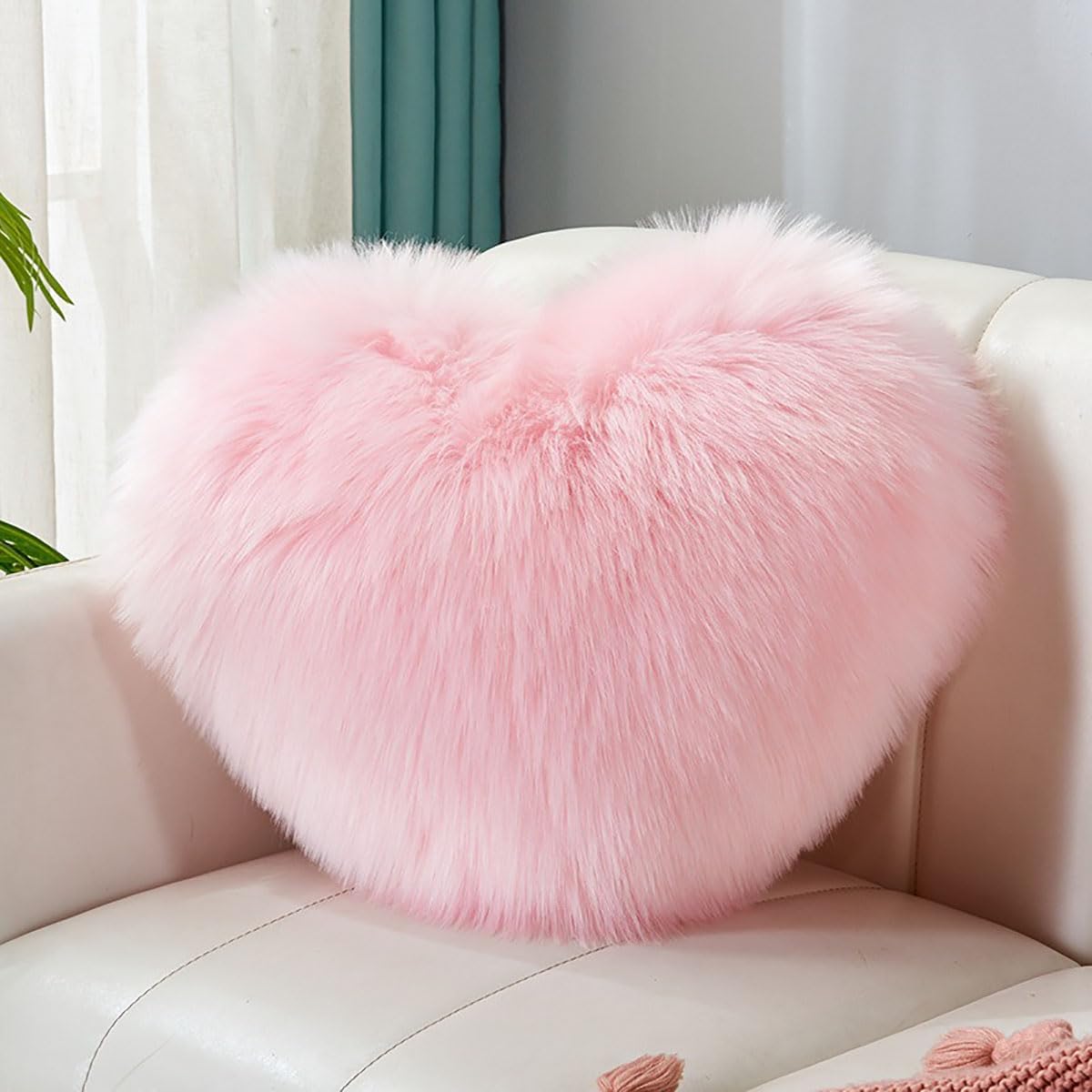 Fluffy Heart-Shaped Pillow, Sofa Bed Decoration, Pillow Decoration, Room Pillow (Pink, 11.81inch X 15.74inch)