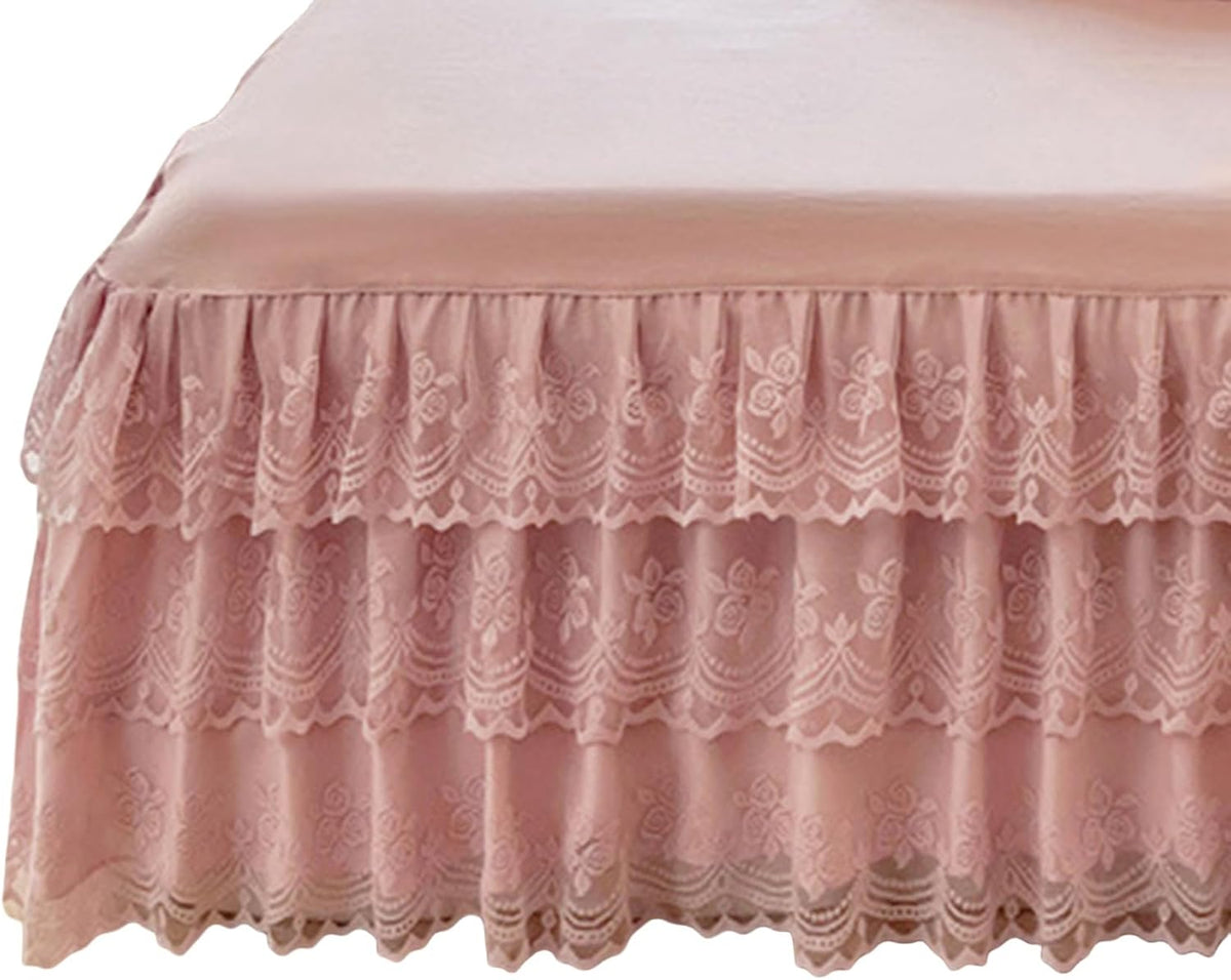 Romantic Ruffled Bed Skirt with Sheet,Dust Ruffle Bedskirt with Three Lace Layers,17.7" Drop