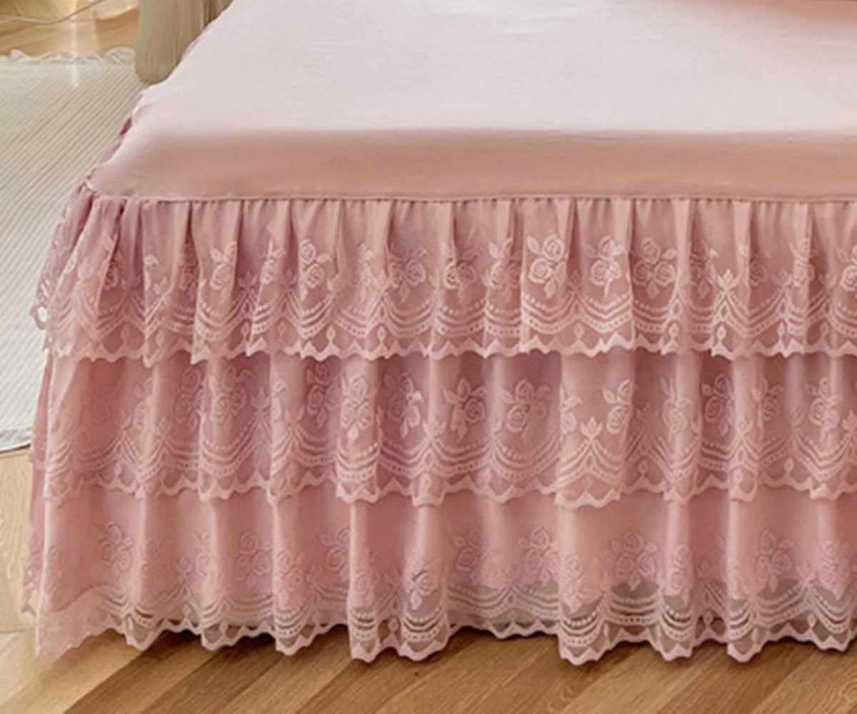 Romantic Ruffled Bed Skirt with Sheet,Dust Ruffle Bedskirt with Three Lace Layers,17.7" Drop