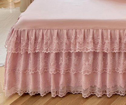 Romantic Ruffled Bed Skirt with Sheet,Dust Ruffle Bedskirt with Three Lace Layers,17.7" Drop