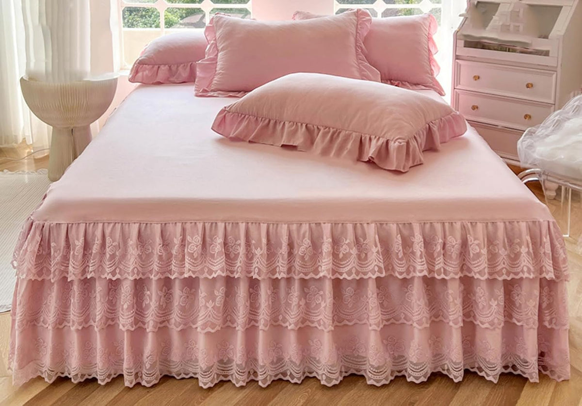 Romantic Ruffled Bed Skirt with Sheet,Dust Ruffle Bedskirt with Three Lace Layers,17.7" Drop