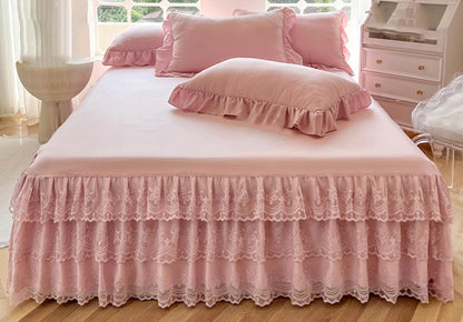 Romantic Ruffled Bed Skirt with Sheet,Dust Ruffle Bedskirt with Three Lace Layers,17.7" Drop