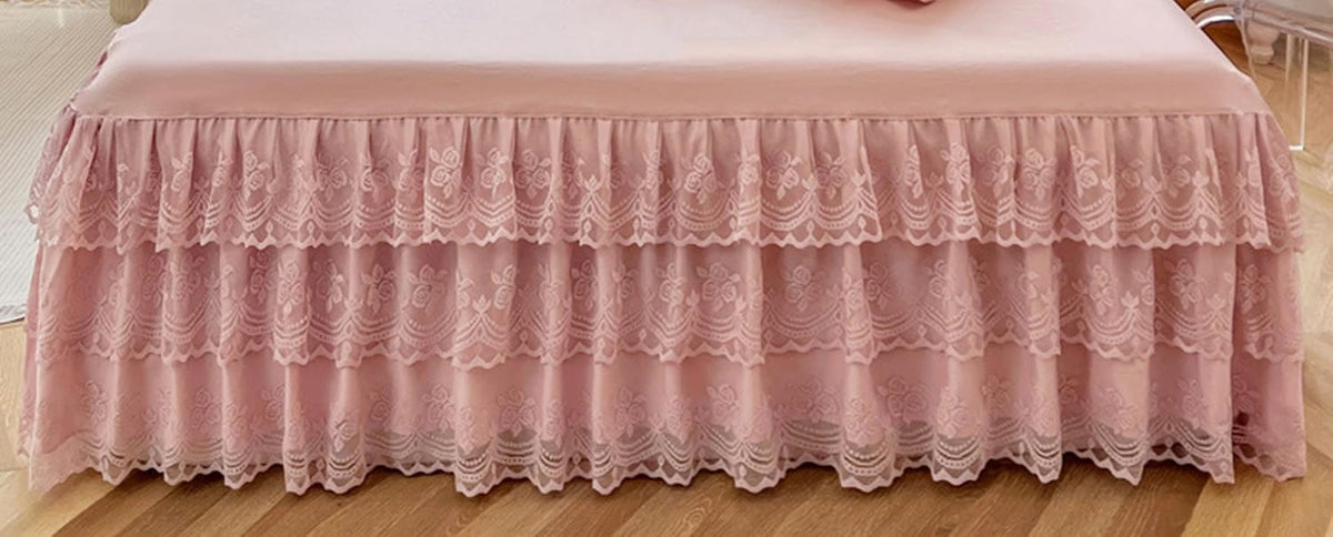 Romantic Ruffled Bed Skirt with Sheet,Dust Ruffle Bedskirt with Three Lace Layers,17.7" Drop
