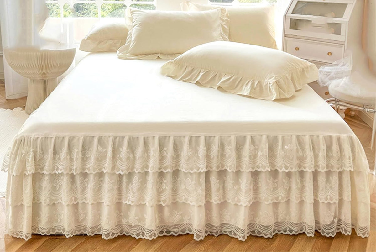 Romantic Ruffled Bed Skirt with Sheet,Dust Ruffle Bedskirt with Three Lace Layers,17.7" Drop