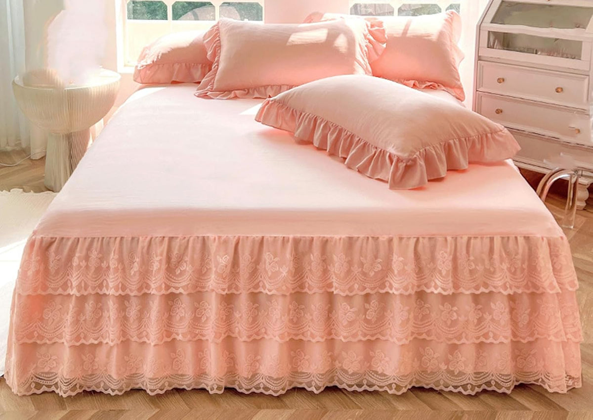 Romantic Ruffled Bed Skirt with Sheet,Dust Ruffle Bedskirt with Three Lace Layers,17.7" Drop