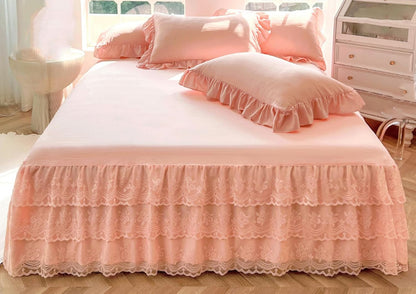 Romantic Ruffled Bed Skirt with Sheet,Dust Ruffle Bedskirt with Three Lace Layers,17.7" Drop