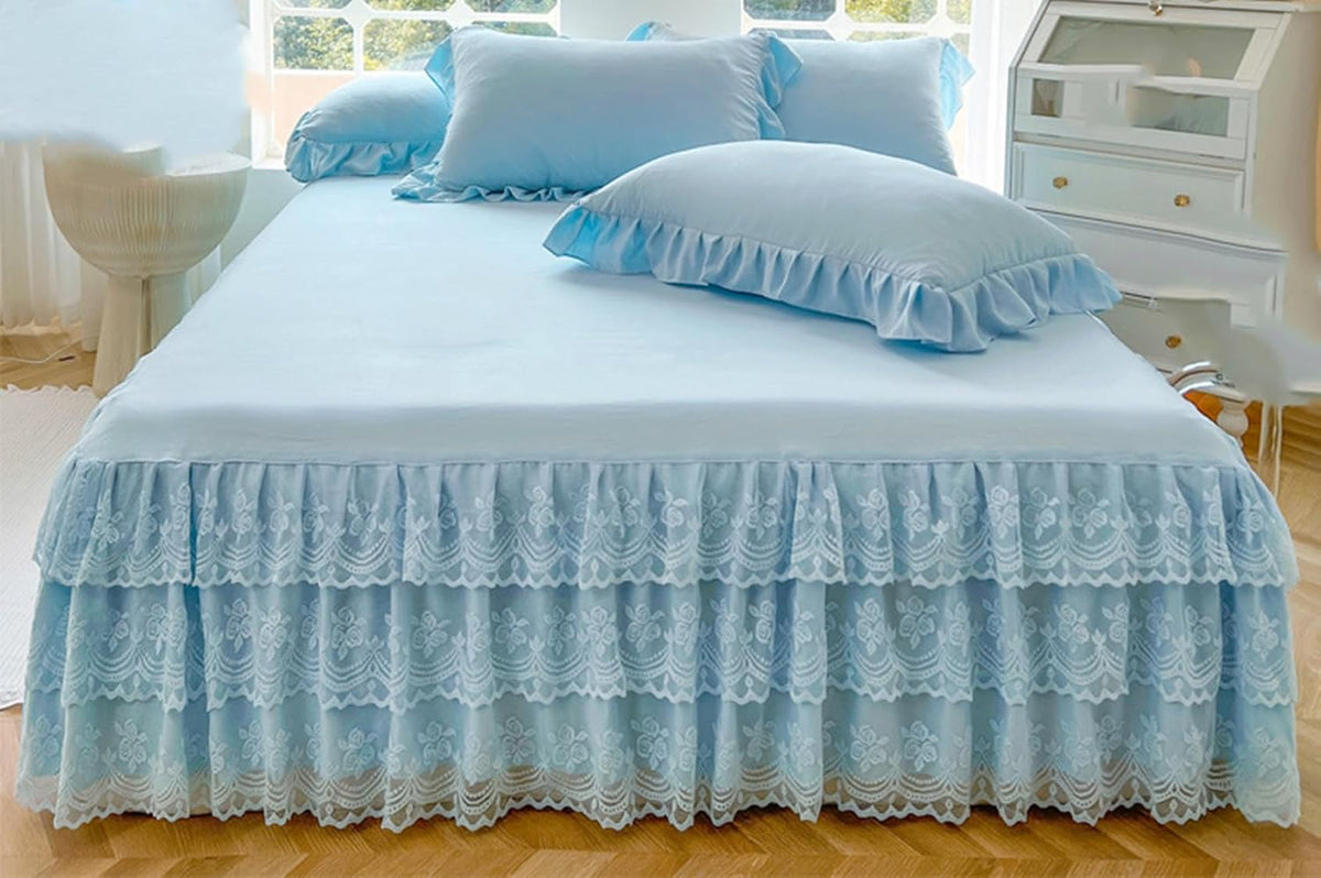Romantic Ruffled Bed Skirt with Sheet,Dust Ruffle Bedskirt with Three Lace Layers,17.7" Drop