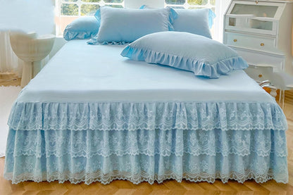 Romantic Ruffled Bed Skirt with Sheet,Dust Ruffle Bedskirt with Three Lace Layers,17.7" Drop