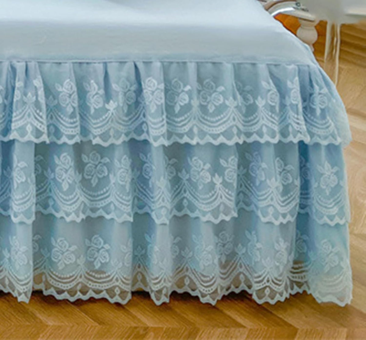 Romantic Ruffled Bed Skirt with Sheet,Dust Ruffle Bedskirt with Three Lace Layers,17.7" Drop