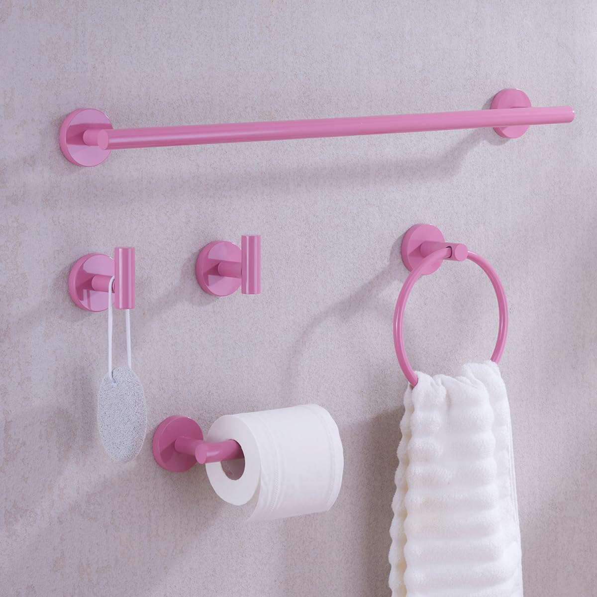 Pink Bathroom Hardware Set,5 Pieces Bathroom Towel Bar Set,24 inch Towel Bar,Towel Ring for Bathroom,Robe Towel Hooks,Toilet Paper Holder Wall Mounted(Drilling),SE96006S-5PK