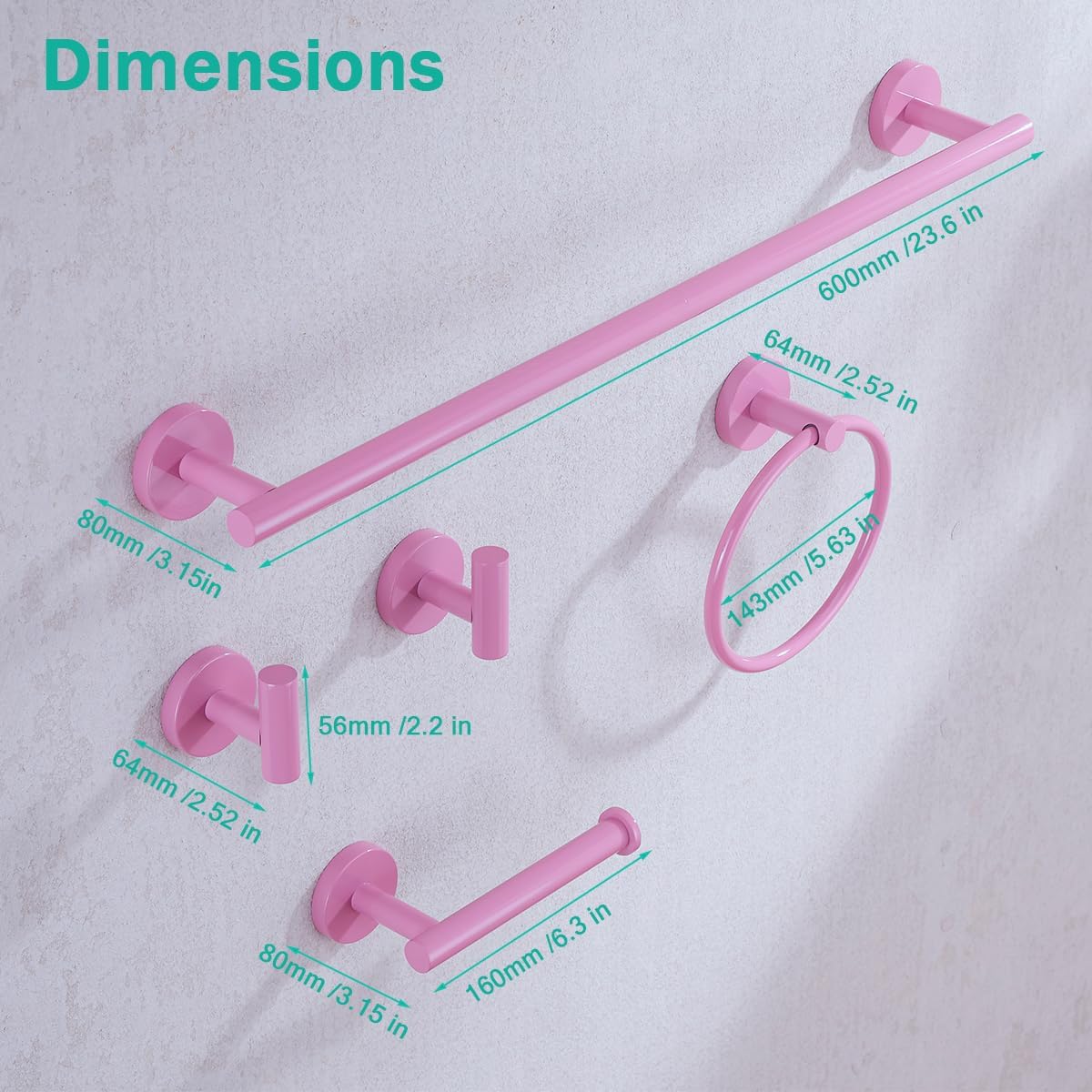 Pink Bathroom Hardware Set,5 Pieces Bathroom Towel Bar Set,24 inch Towel Bar,Towel Ring for Bathroom,Robe Towel Hooks,Toilet Paper Holder Wall Mounted(Drilling),SE96006S-5PK