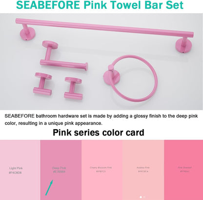 Pink Bathroom Hardware Set,5 Pieces Bathroom Towel Bar Set,24 inch Towel Bar,Towel Ring for Bathroom,Robe Towel Hooks,Toilet Paper Holder Wall Mounted(Drilling),SE96006S-5PK
