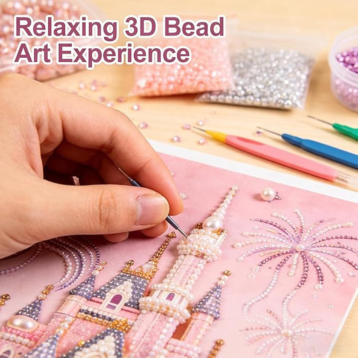 3D Pearl Painting Kit with Wooden Frame, DIY Pink Castle Diamond Art