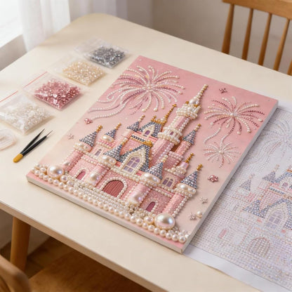 3D Pearl Painting Kit with Wooden Frame, DIY Pink Castle Diamond Art
