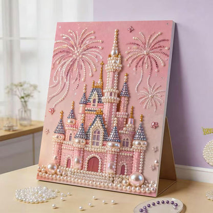 3D Pearl Painting Kit with Wooden Frame, DIY Pink Castle Diamond Art