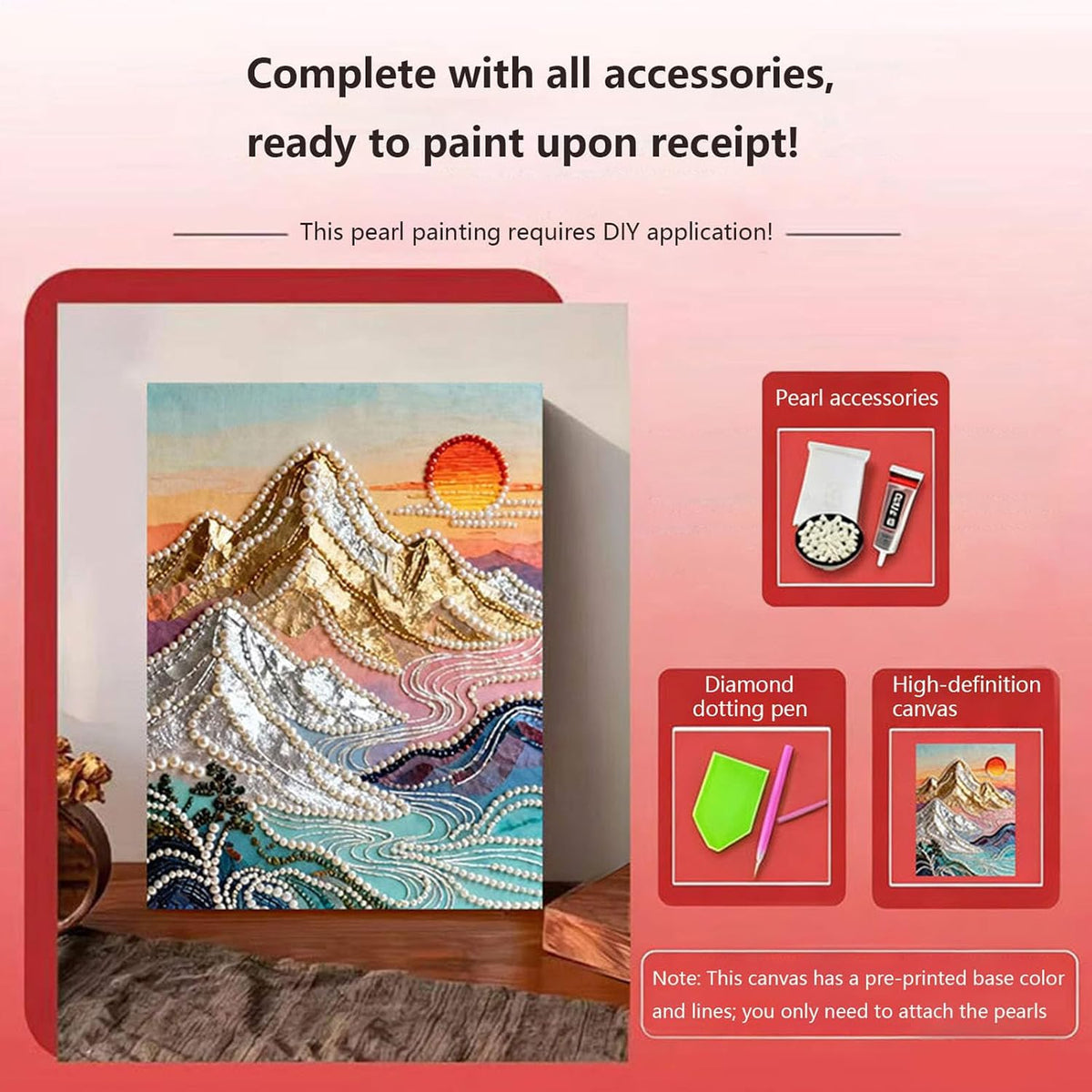 3D Pearl Painting Kit with Wooden Frame, DIY Pink Castle Diamond Art