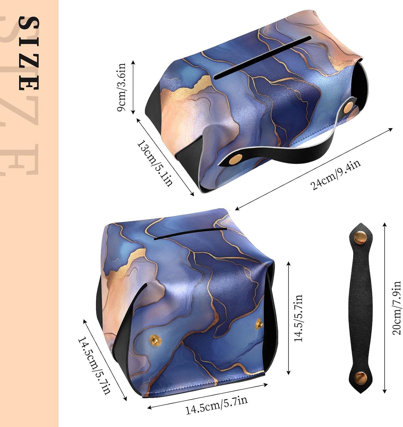 Leather Tissue Holder Hanging Napkin Holder Sun Visor with Adjustable Straps & Zipper Refillable auto Accessories Marble Royal Blue Peach Gold