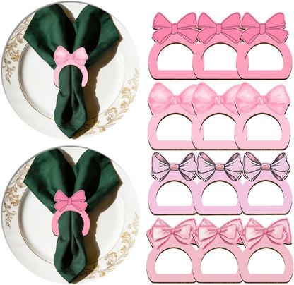 12pcs Pink Bow Baby Shower Decorations, Pink Themed Birthday Party Supplies, Wooden Napkin Rings for Table Settings Wedding Christmas Party Dinner Table