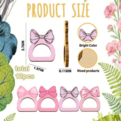 12pcs Pink Bow Baby Shower Decorations, Pink Themed Birthday Party Supplies, Wooden Napkin Rings for Table Settings Wedding Christmas Party Dinner Table