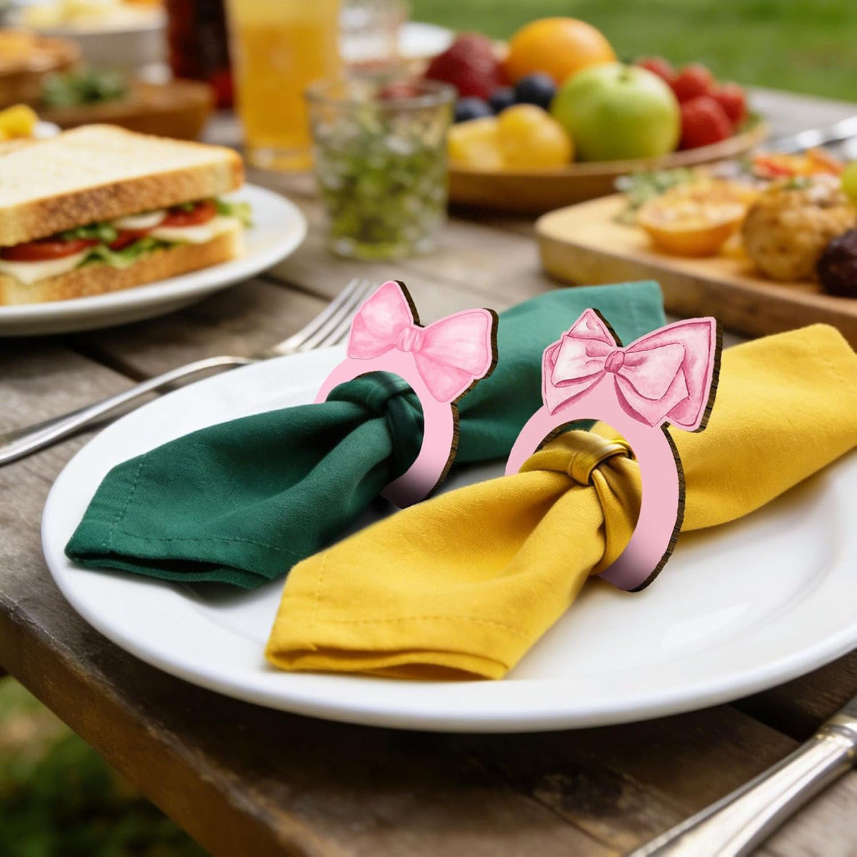 12pcs Pink Bow Baby Shower Decorations, Pink Themed Birthday Party Supplies, Wooden Napkin Rings for Table Settings Wedding Christmas Party Dinner Table