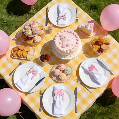 12pcs Pink Bow Baby Shower Decorations, Pink Themed Birthday Party Supplies, Wooden Napkin Rings for Table Settings Wedding Christmas Party Dinner Table