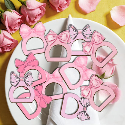 12pcs Pink Bow Baby Shower Decorations, Pink Themed Birthday Party Supplies, Wooden Napkin Rings for Table Settings Wedding Christmas Party Dinner Table