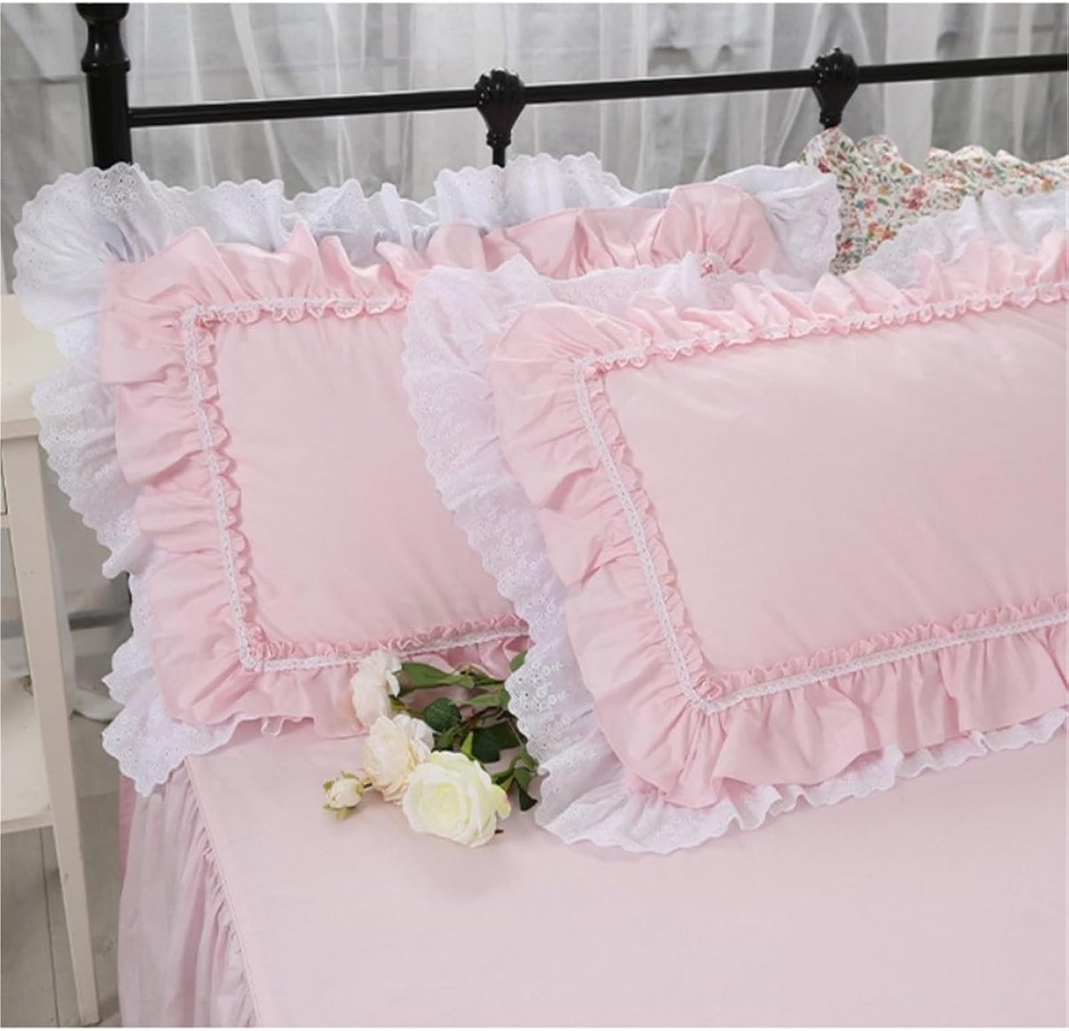 Ruffle Pillow Shams 1pc Romantic Beauty Pillow Case Pink Ruffle Lace Covers Decorative Bedding Pillowcases(600x600mm)