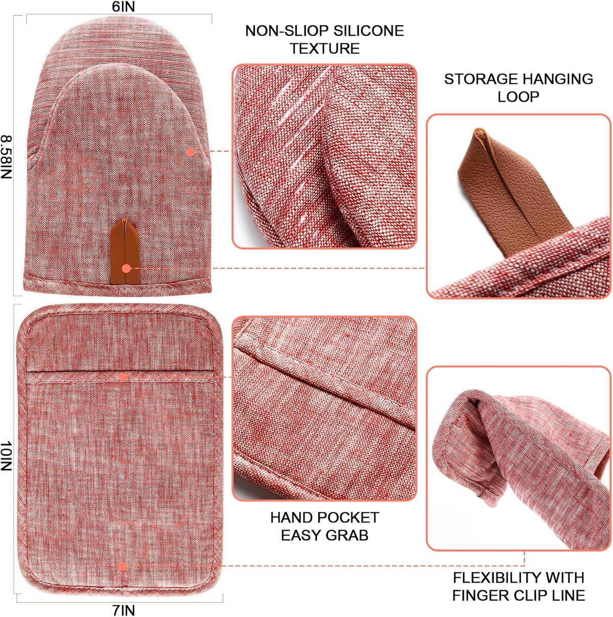 4Pcs Heat Resistant Oven Mitts & Potholders (Up to 500°F), Flexible Kitchen Accessories for BBQ, Baking, Microwave, Stovetop Use and More (Pink)