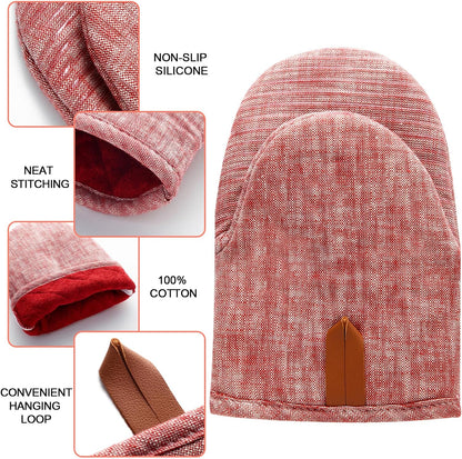 4Pcs Heat Resistant Oven Mitts & Potholders (Up to 500°F), Flexible Kitchen Accessories for BBQ, Baking, Microwave, Stovetop Use and More (Pink)