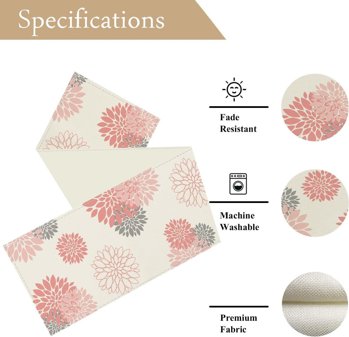 Pink Gray Table Runner Dahlia Pinnata Flower Beige Table Runners Modern Elegant Pompon Farmhouse Geometric Table Center Decor for Girls Room Dining Party Patio (13 x 72 Inch)