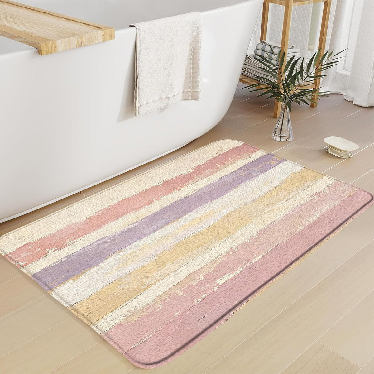 Abstract Pink Bath Mat Rug Beige Modern Oil Painting Stripe Aesthetic Minimalist Geometric 17.8" x 29.5" Microfiber Memory Foam Bathroom Kitchen Toilet Floor Mat