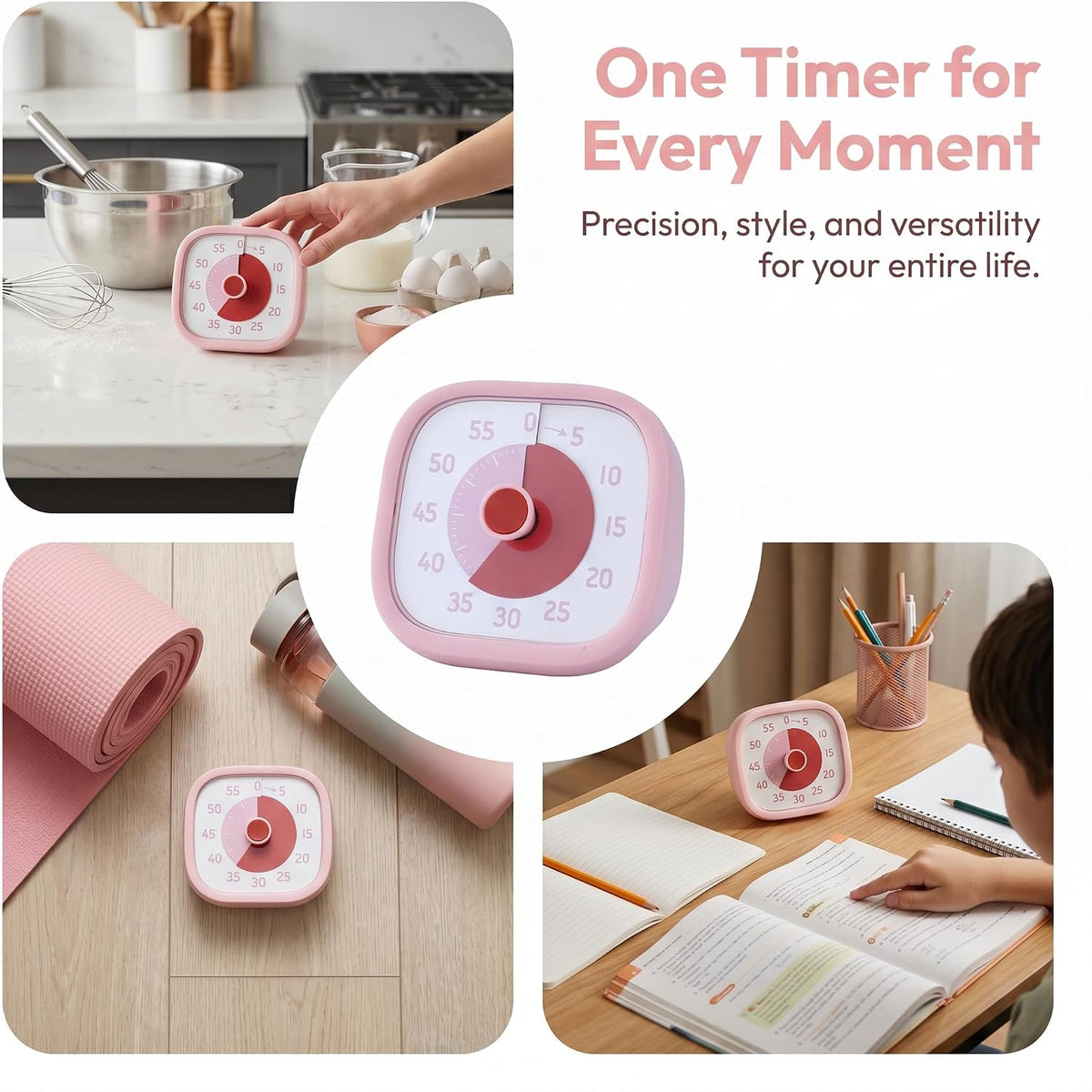 60 Minute Kitchen Timer, Digital Visual Timer for Student and Adults, Loud Alarm Countdown Clock for Cooking 3.9x3.7x2inch Pink