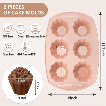 6-Cavity Silicone Muffin Pan, Flower Shape Non-Stick Baking Mold for Cupcakes, Egg Tarts, Fruit Pies, Brownies, Oven & Dishwasher Safe (-104°F to +446°F), BPA-Free Flexible Bakeware-Pink