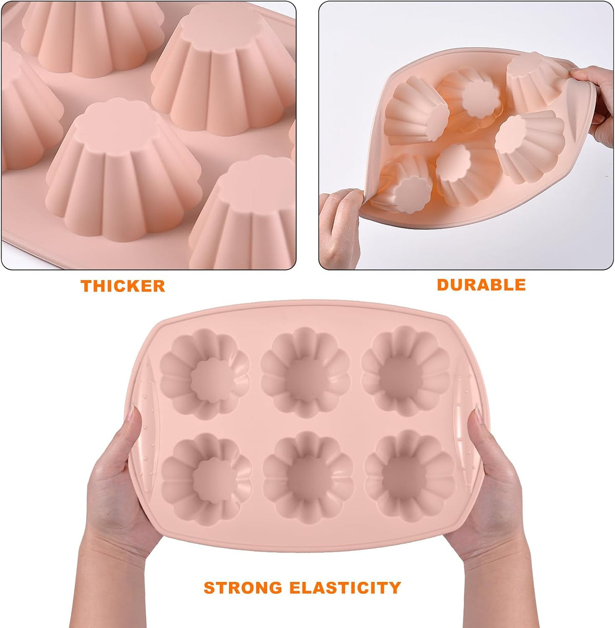 6-Cavity Silicone Muffin Pan, Flower Shape Non-Stick Baking Mold for Cupcakes, Egg Tarts, Fruit Pies, Brownies, Oven & Dishwasher Safe (-104°F to +446°F), BPA-Free Flexible Bakeware-Pink