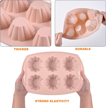 6-Cavity Silicone Muffin Pan, Flower Shape Non-Stick Baking Mold for Cupcakes, Egg Tarts, Fruit Pies, Brownies, Oven & Dishwasher Safe (-104°F to +446°F), BPA-Free Flexible Bakeware-Pink