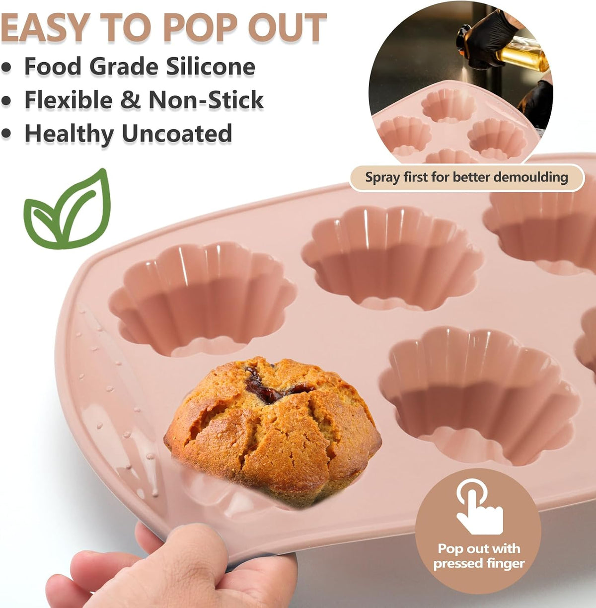 6-Cavity Silicone Muffin Pan, Flower Shape Non-Stick Baking Mold for Cupcakes, Egg Tarts, Fruit Pies, Brownies, Oven & Dishwasher Safe (-104°F to +446°F), BPA-Free Flexible Bakeware-Pink