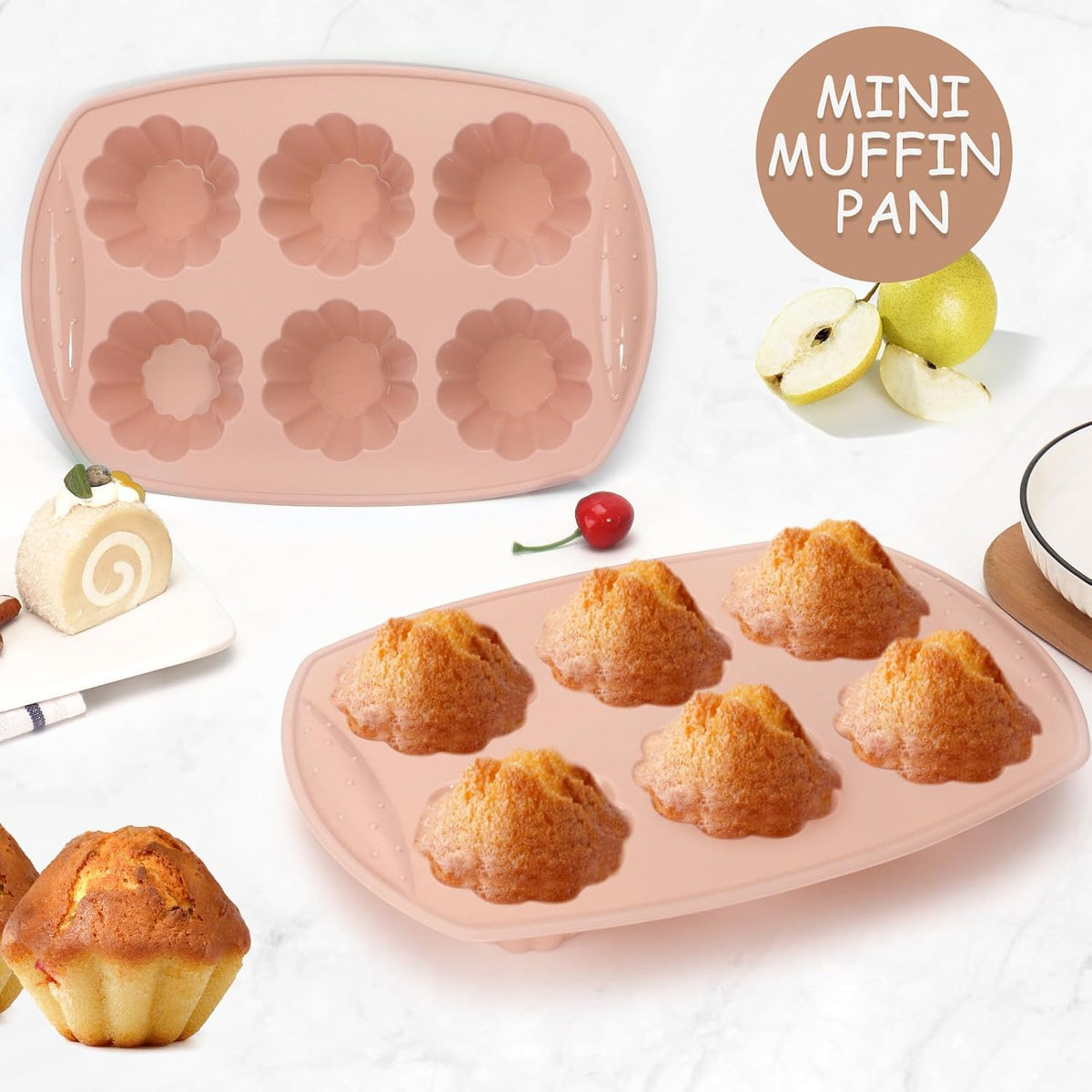 6-Cavity Silicone Muffin Pan, Flower Shape Non-Stick Baking Mold for Cupcakes, Egg Tarts, Fruit Pies, Brownies, Oven & Dishwasher Safe (-104°F to +446°F), BPA-Free Flexible Bakeware-Pink