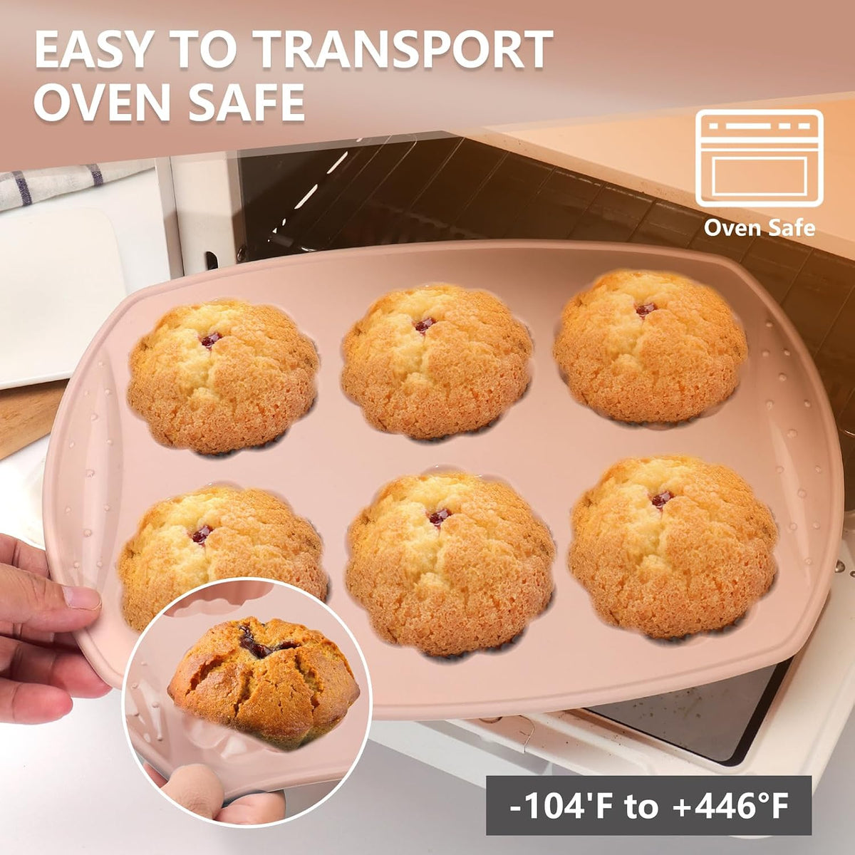 6-Cavity Silicone Muffin Pan, Flower Shape Non-Stick Baking Mold for Cupcakes, Egg Tarts, Fruit Pies, Brownies, Oven & Dishwasher Safe (-104°F to +446°F), BPA-Free Flexible Bakeware-Pink