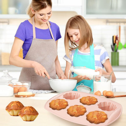 6-Cavity Silicone Muffin Pan, Flower Shape Non-Stick Baking Mold for Cupcakes, Egg Tarts, Fruit Pies, Brownies, Oven & Dishwasher Safe (-104°F to +446°F), BPA-Free Flexible Bakeware-Pink