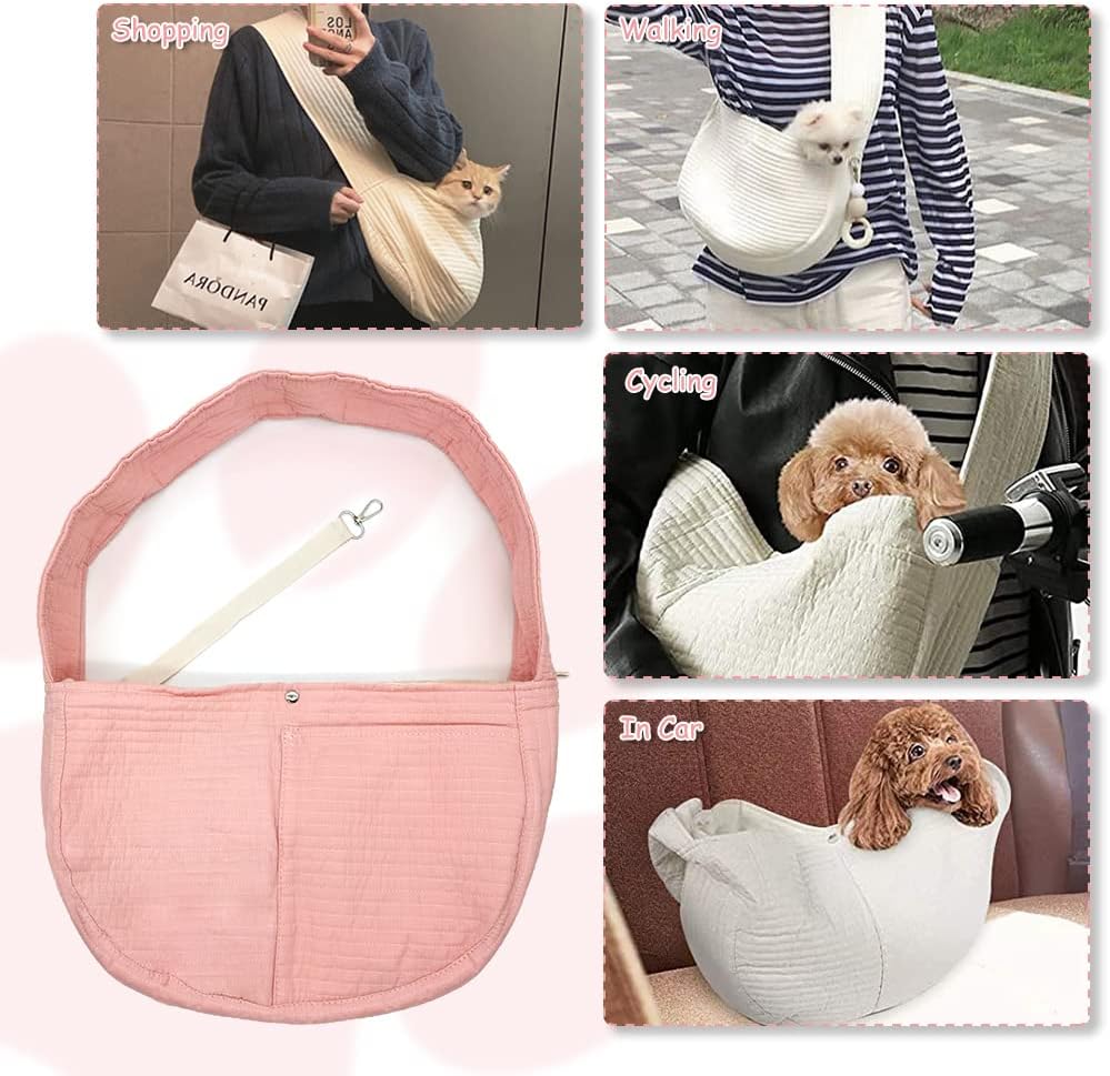 Small Dog Cat Carrier Sling, Adjustable Canvas Pet Puppy Pouch, Pink