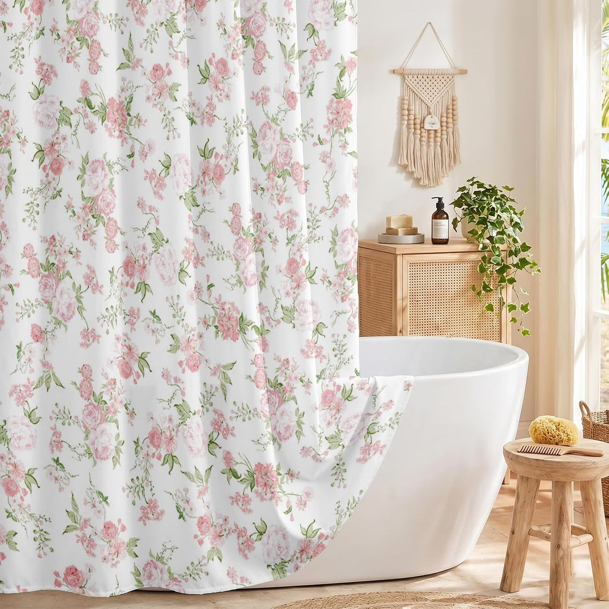Floral Shower Curtain Pink Flowers Bathroom Shower Curtain Spring Pink Floral Waterproof Fabric Shower Curtains Bathtub Decor with 12 Hooks 72 X 72 Inch (Pink)