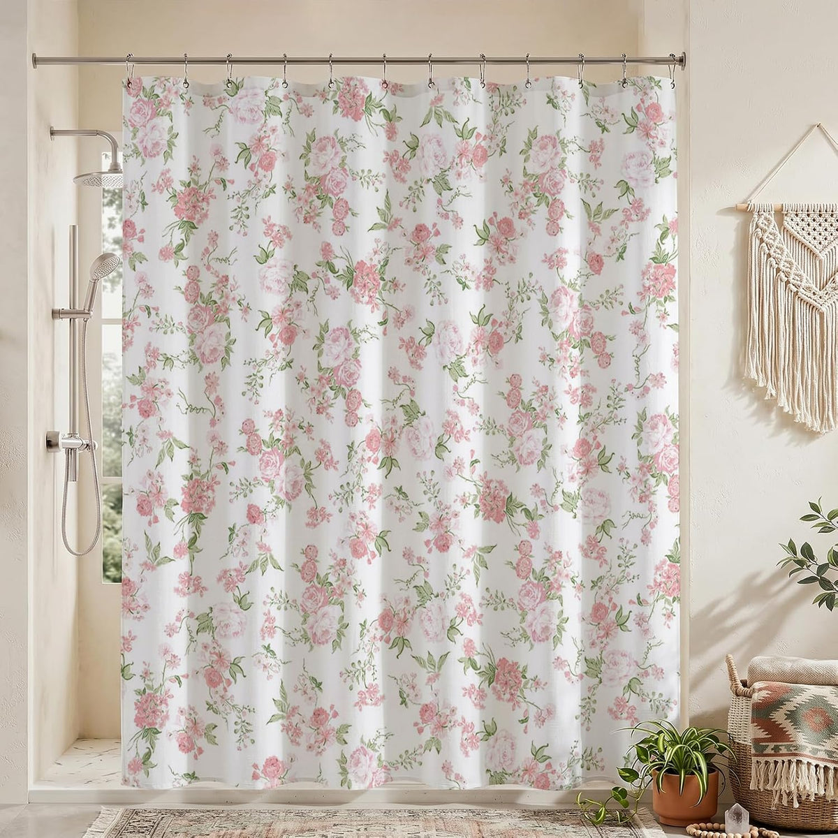 Floral Shower Curtain Pink Flowers Bathroom Shower Curtain Spring Pink Floral Waterproof Fabric Shower Curtains Bathtub Decor with 12 Hooks 72 X 72 Inch (Pink)
