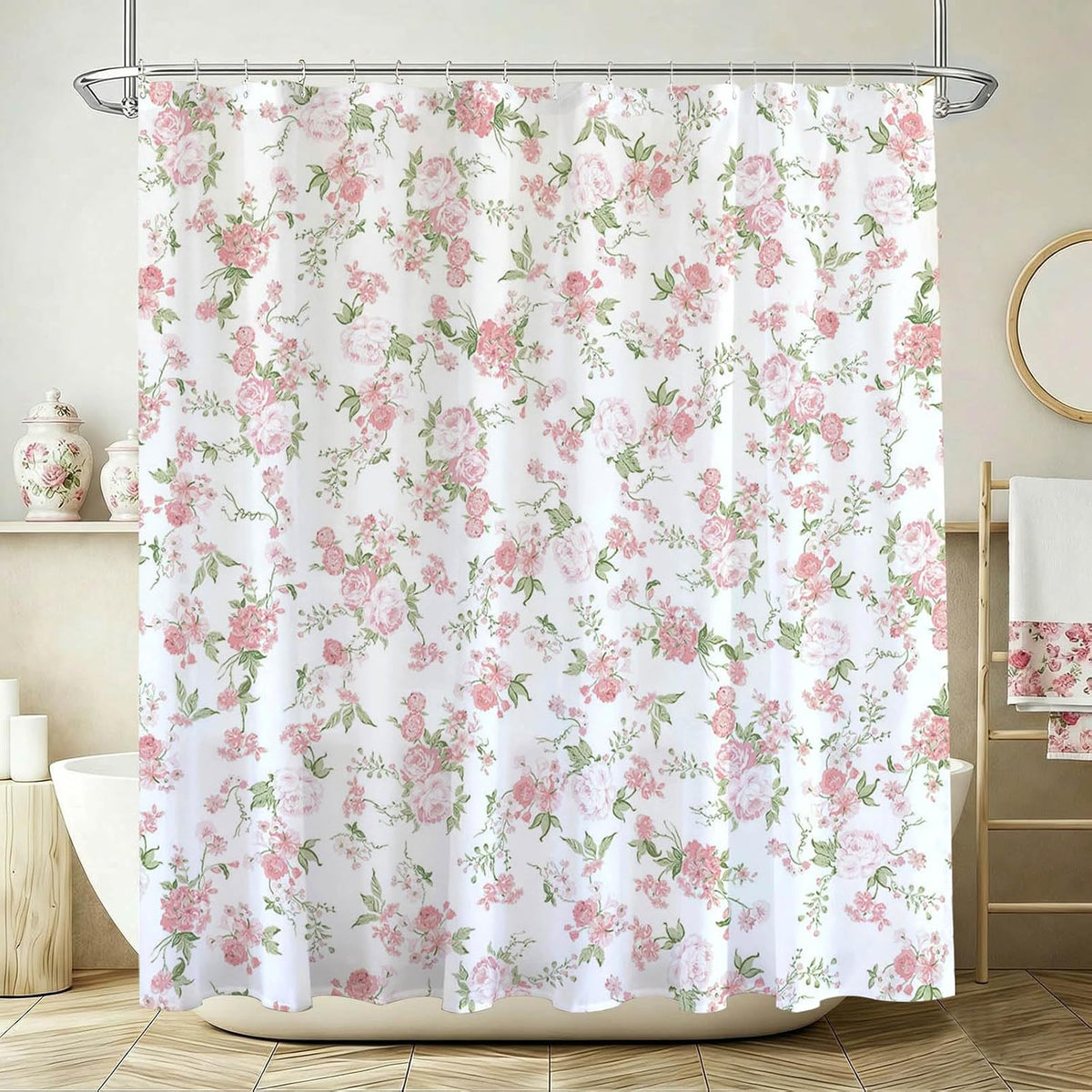 Floral Shower Curtain Pink Flowers Bathroom Shower Curtain Spring Pink Floral Waterproof Fabric Shower Curtains Bathtub Decor with 12 Hooks 72 X 72 Inch (Pink)