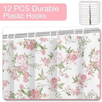 Floral Shower Curtain Pink Flowers Bathroom Shower Curtain Spring Pink Floral Waterproof Fabric Shower Curtains Bathtub Decor with 12 Hooks 72 X 72 Inch (Pink)