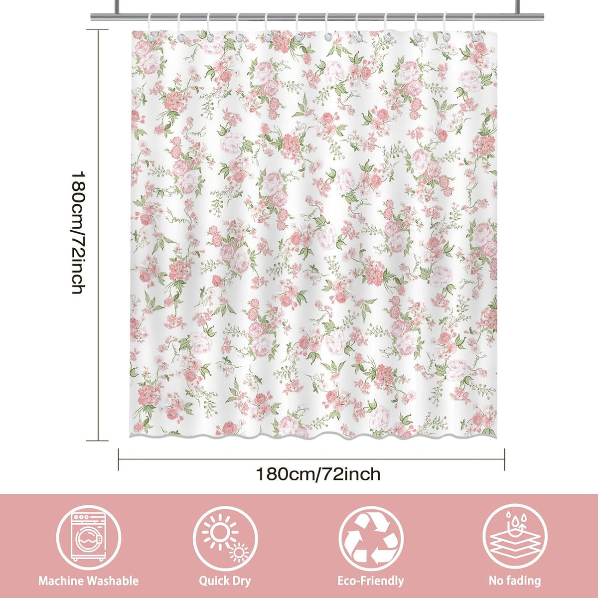 Floral Shower Curtain Pink Flowers Bathroom Shower Curtain Spring Pink Floral Waterproof Fabric Shower Curtains Bathtub Decor with 12 Hooks 72 X 72 Inch (Pink)
