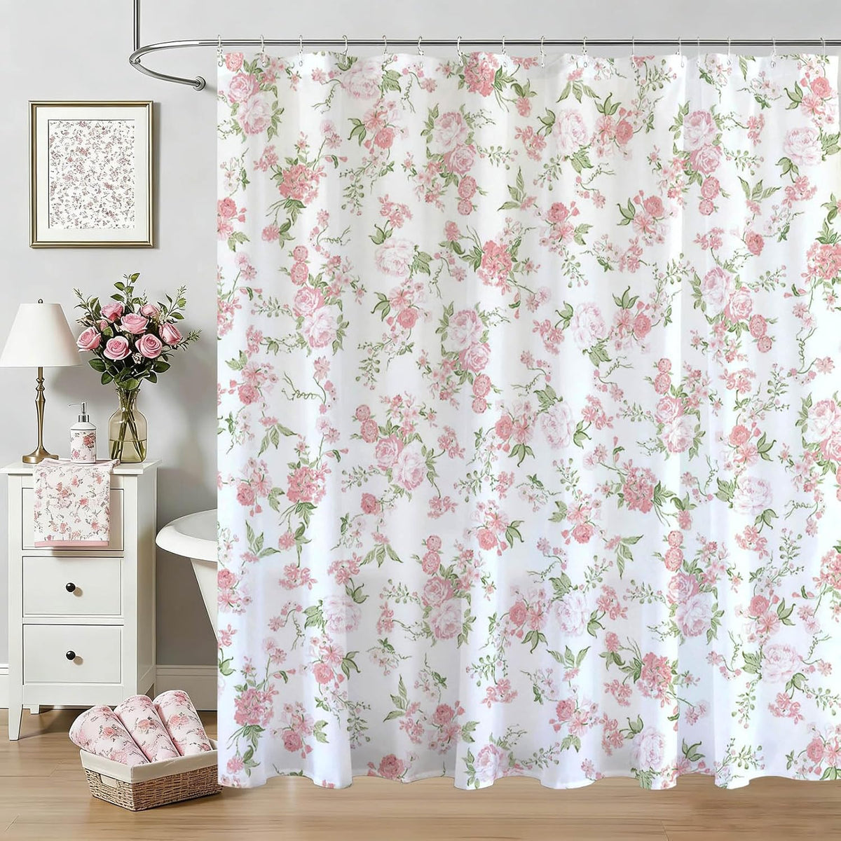 Floral Shower Curtain Pink Flowers Bathroom Shower Curtain Spring Pink Floral Waterproof Fabric Shower Curtains Bathtub Decor with 12 Hooks 72 X 72 Inch (Pink)